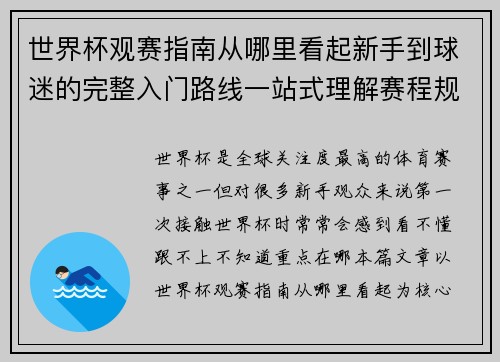 世界杯观赛指南从哪里看起新手到球迷的完整入门路线一站式理解赛程规则看点