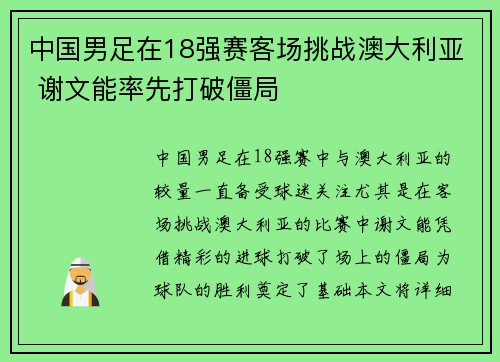 中国男足在18强赛客场挑战澳大利亚 谢文能率先打破僵局 中国男足在18强赛客场挑战澳大利亚 谢文能率先打破僵局
