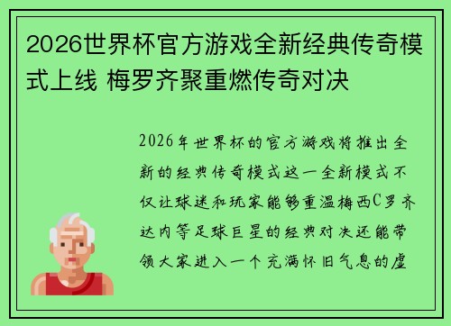 2026世界杯官方游戏全新经典传奇模式上线 梅罗齐聚重燃传奇对决